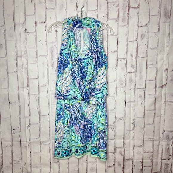 Lilly Pulitzer Felizia Wrap Dress Sz S Blue Current Fantasea Resort Beach Coast - Picture 2 of 8